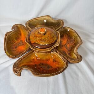 Mid-Century California Originals Pottery 6 pc serving set Burnt Orange Gold USA